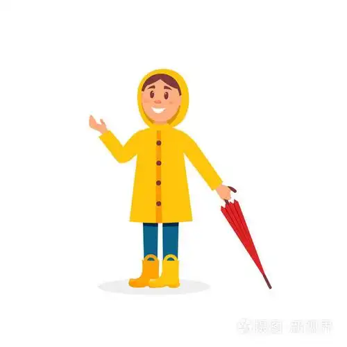 穿着黄色雨衣的小女孩手持雨伞卡通矢量插图白色背景