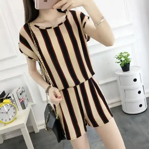 洋气套装女夏季时尚新款小香风短袖短裤二件套夏装雪纺休闲两件套