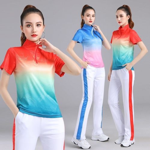 夏季新款广场舞服装渐变短袖健身跳舞舞蹈衣服休闲运动套装