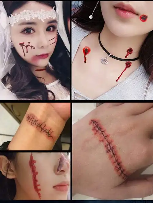 万圣节纹身贴假伤疤贴仿真刀疤贴脸部流血伤口妆容贴纸派对酒吧【品质
