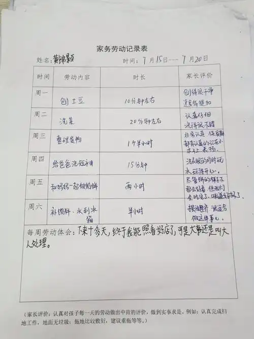 每个同学都认认真真地记录了家务劳动记录表,父母也都详细地对孩子的