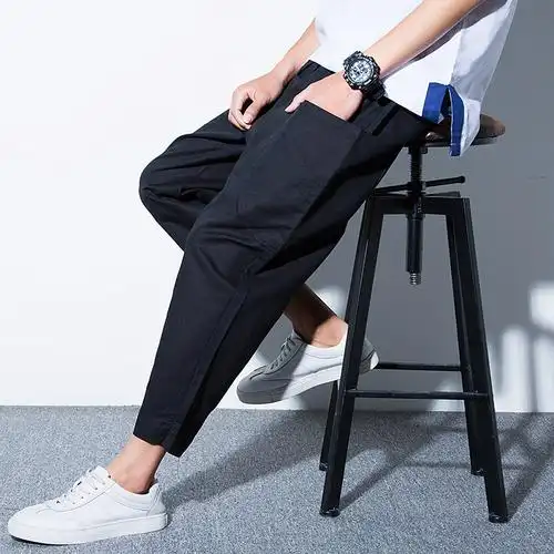 夏款亚麻九分裤男萝卜裤韩版时尚哈伦裤棉麻休闲裤宽松小脚裤子男