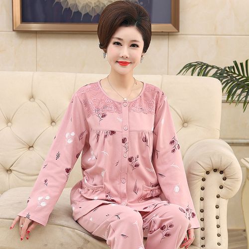 中老年人睡衣春秋纯棉长袖圆领开衫纽扣老人婆婆睡衣