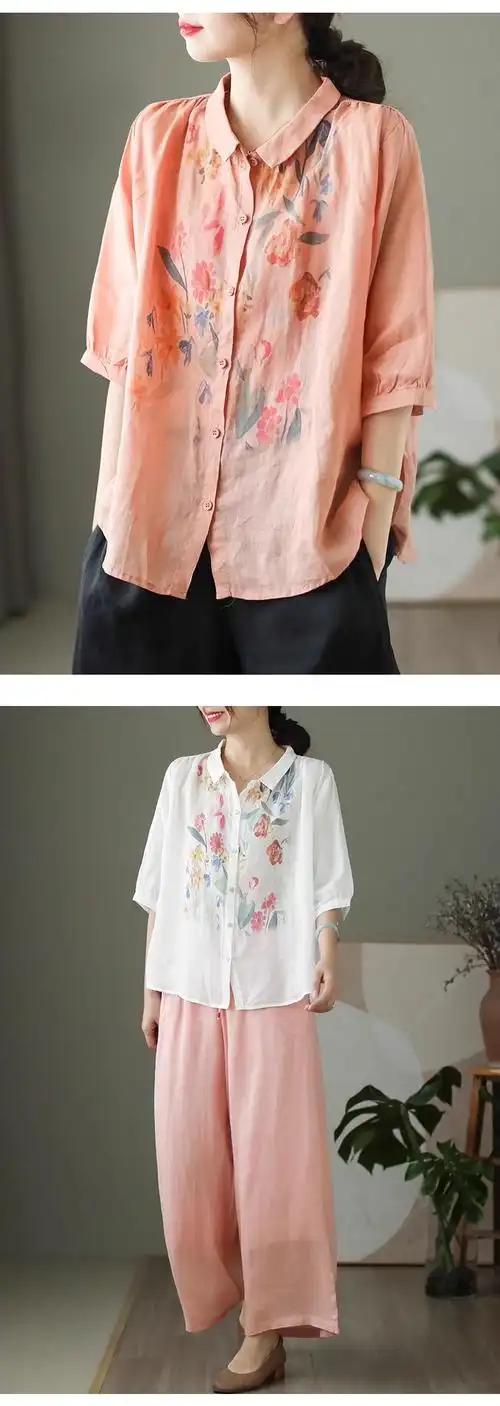 官图**文艺棉麻印花衬衫女夏季薄款宽松大码遮肉七分袖衬衣 - 17网