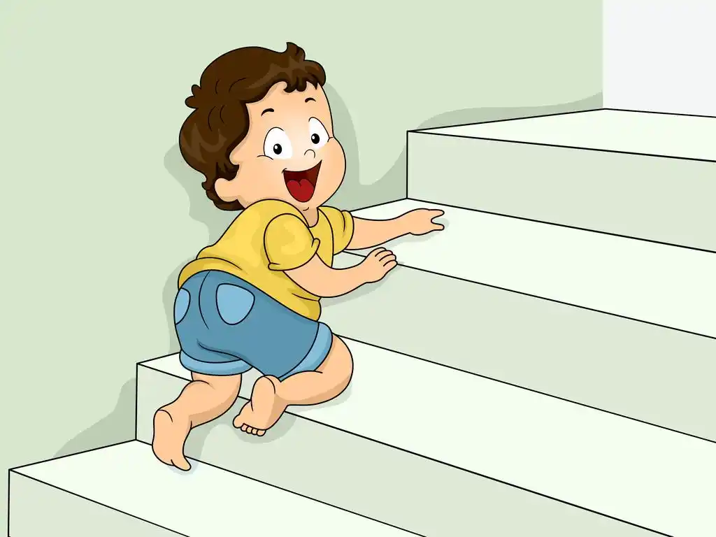 楼梯上爬行的男孩,插图一个年轻的男孩爬楼梯向上飞行的路上