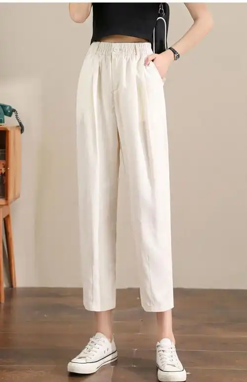 哈伦裤女夏季薄款宽松女裤棉麻九分裤高腰亚麻休闲裤小个子裤子 - 17