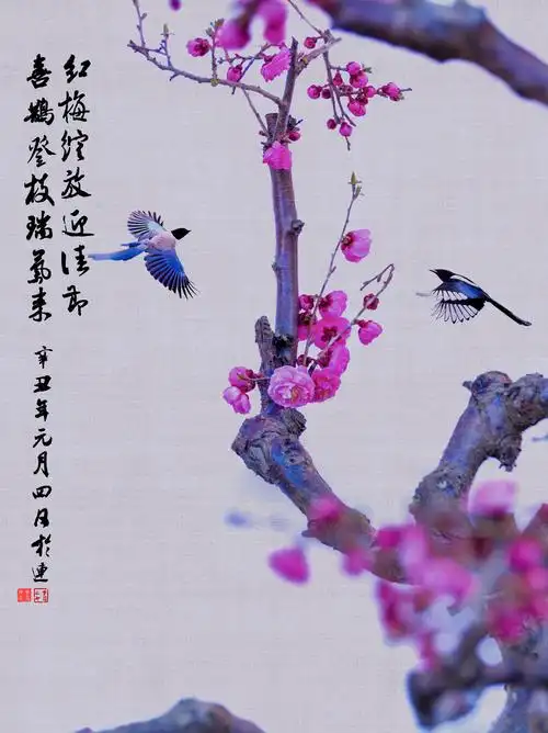 红梅绽放迎佳节喜鹊登枝瑞气来