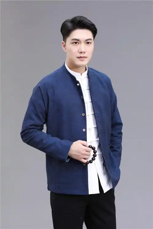 春秋款唐装中山装男外套亚麻夹里长袖上衣复古国风男外套居士茶服