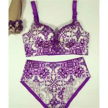 瓷印花刺绣内衣女性小胸性感聚拢舒适无痕胸罩无钢圈加厚文胸 紫色