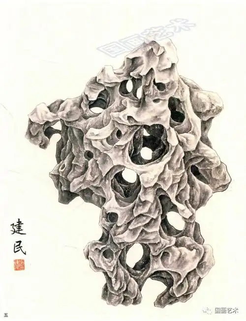 书画联盟丨图文教程:工笔景石画法步骤