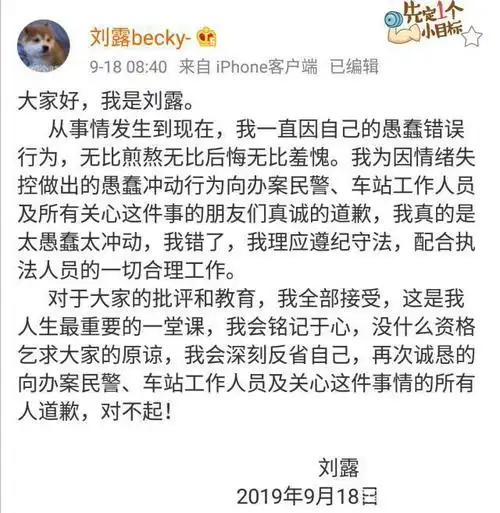 在道歉信中刘露表示为自己的愚蠢行为感到愧疚,并表达了会改正错误的