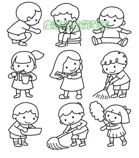儿童画 简笔画 素材小女孩正在拖地的简笔画做家务系列简笔画 拖地的