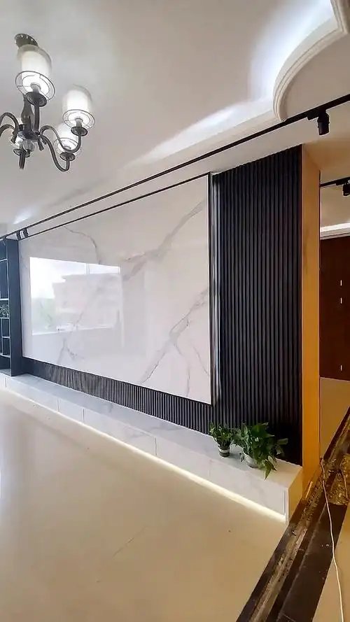 客厅装修#现代简约风格客厅电视背景墙木格栅悬空