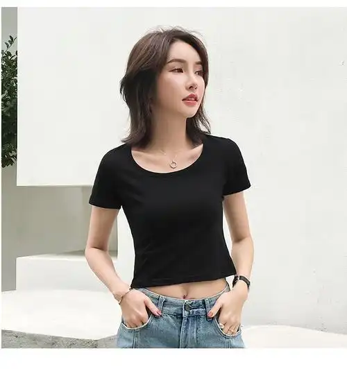 露脐高腰超短款上衣夏天女生露肚子小心机短袖t恤漏肚脐棉质紧身性感