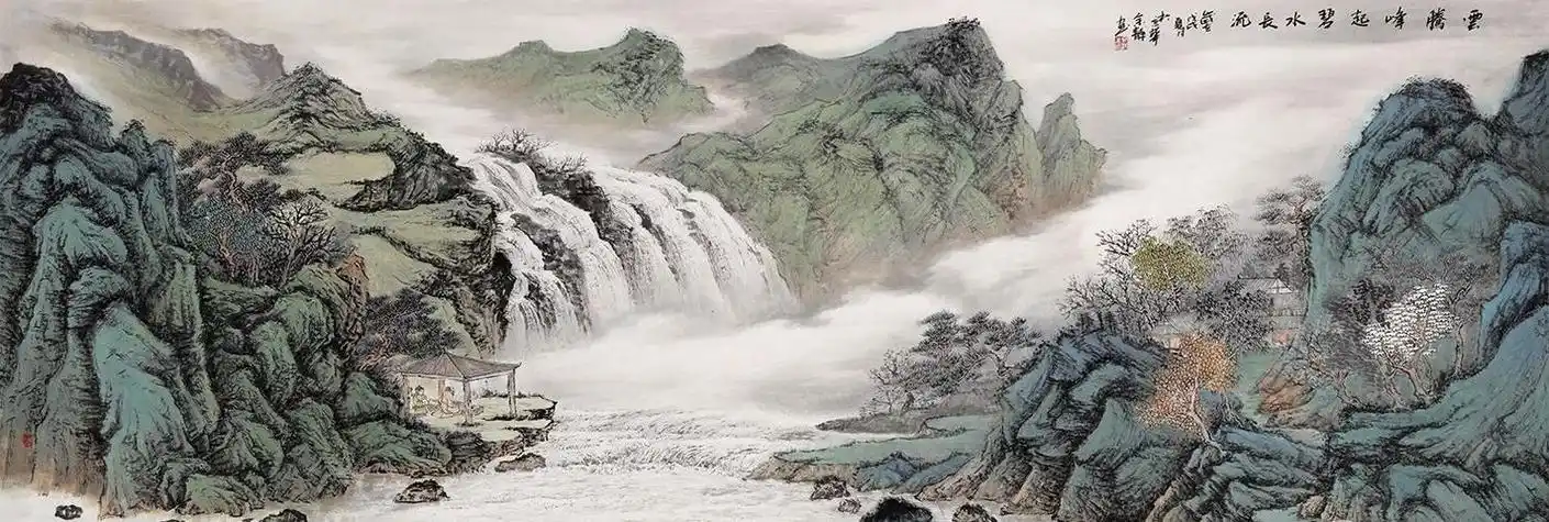 余静六尺横幅山水画作品《云腾峰起 碧水长流》张绪洪新品力作六尺