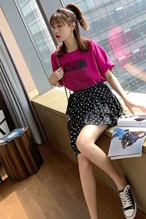 夏季韩版字母印花短袖t恤 荷叶边波点蛋糕半身裙套装两件套女