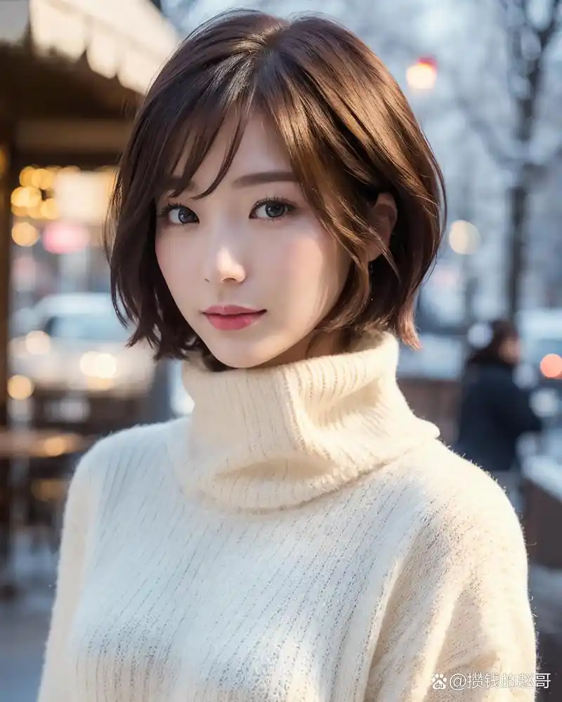 冬日里的温暖小仙女 她的短发齐耳,显得非常青春靓丽,给人一种非常