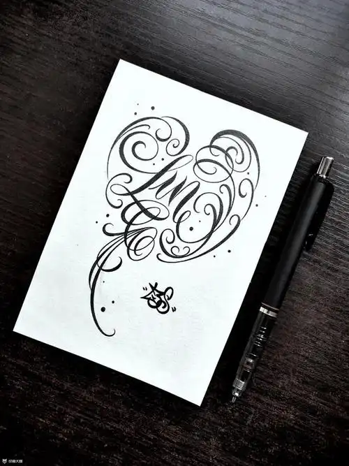 名字心形花体字_纹身图案手稿图片_刘三石的纹身作品集
