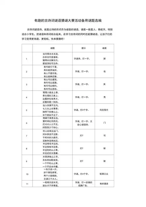 古诗词谜语大全及答案猜谜大赛谜题选编