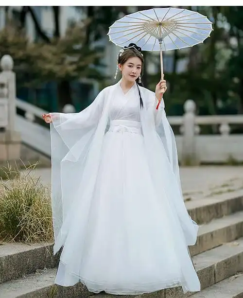 弹古筝的古装衣服白色改良汉服女仙女演出服飘逸超仙气广袖流仙裙全套