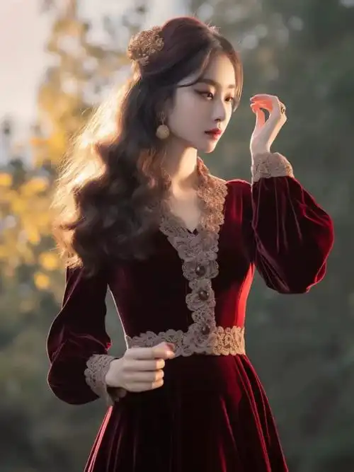 新款 气质高级感超好看高端精致宫廷风红色金丝绒连衣裙子 2024春季 -