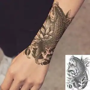 黑白招财鲤鱼花臂纹身贴防水男女持久手臂刺青韩国纹身贴纸ins