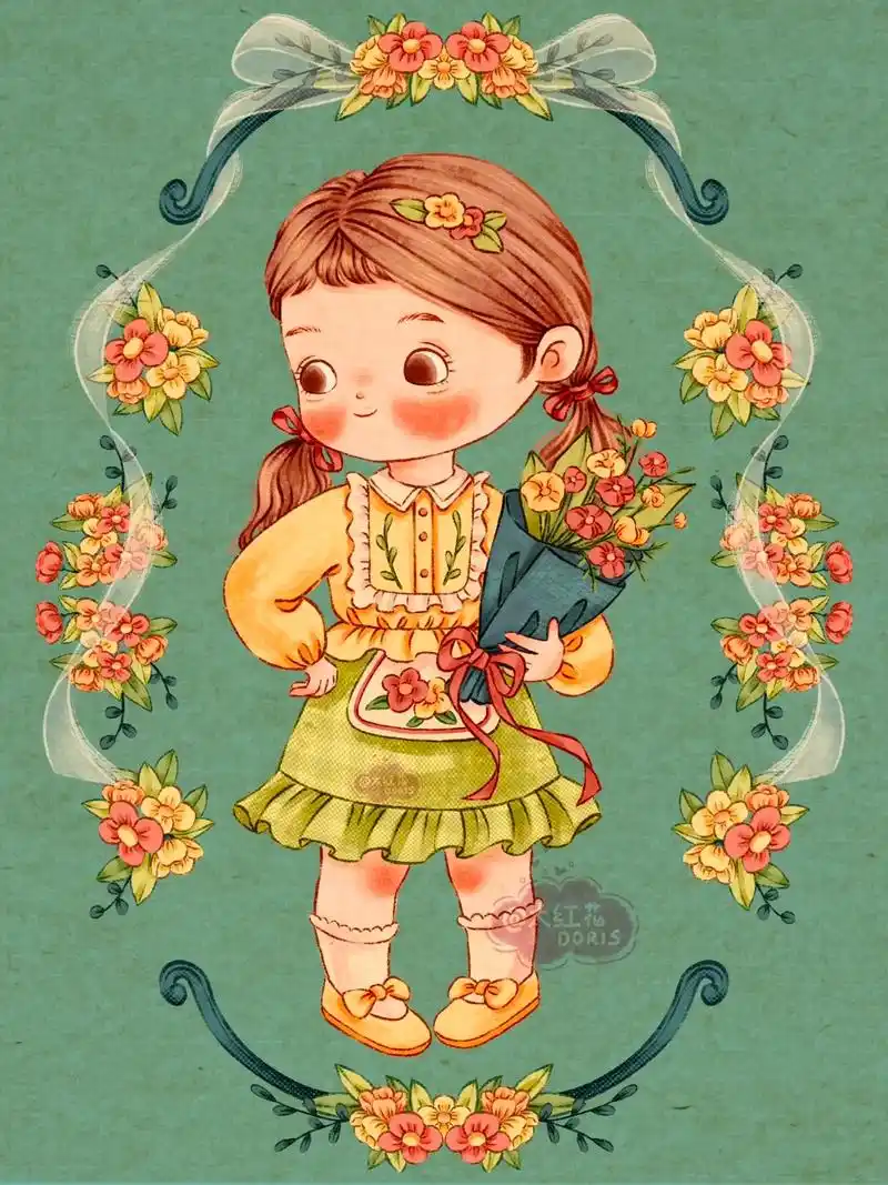 复古可爱森系人物穿搭插画 | 附线稿.早上好呀,!#proc - 抖音