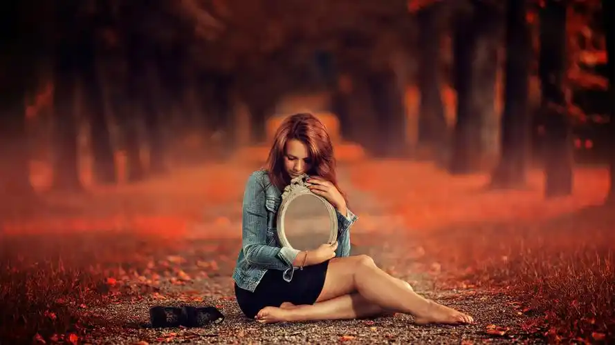 秋天,女孩,镜子,步道,唯美意境壁纸