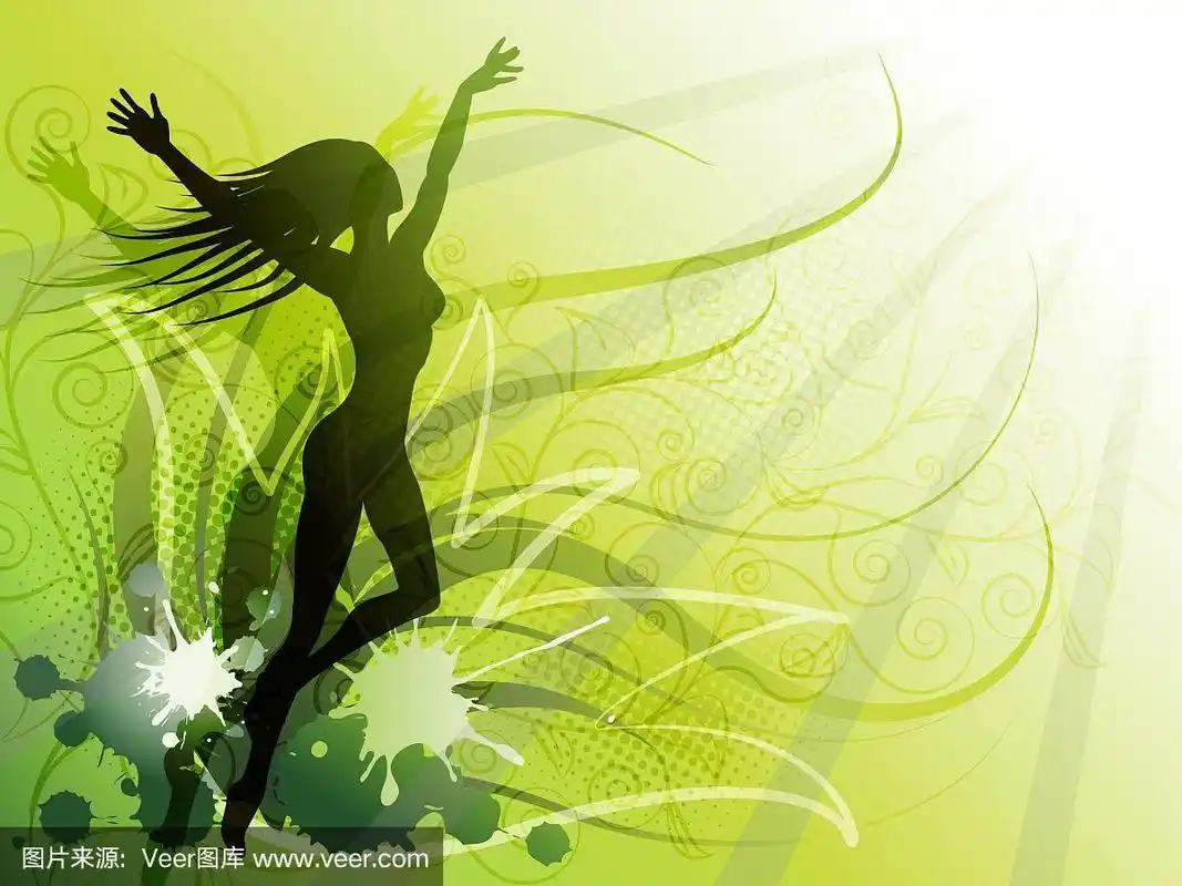 明亮的绿色背景与剪影的一个女孩