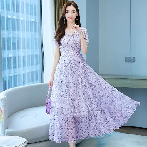 裙子夏女新款长款连衣裙碎花雪纺超仙收腰沙滩大摆超长裙