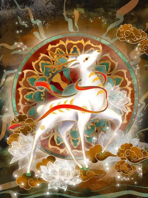 壁画插画原创手绘敦煌岩彩场景插画标签包装插画时尚插画桌面壁纸装饰