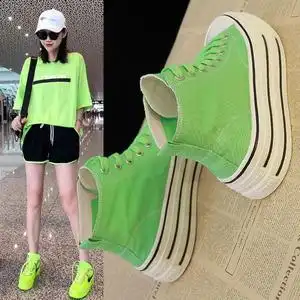 万斯熙品厚底帆布鞋女春秋绿色高帮透气学生春秋休闲女鞋子