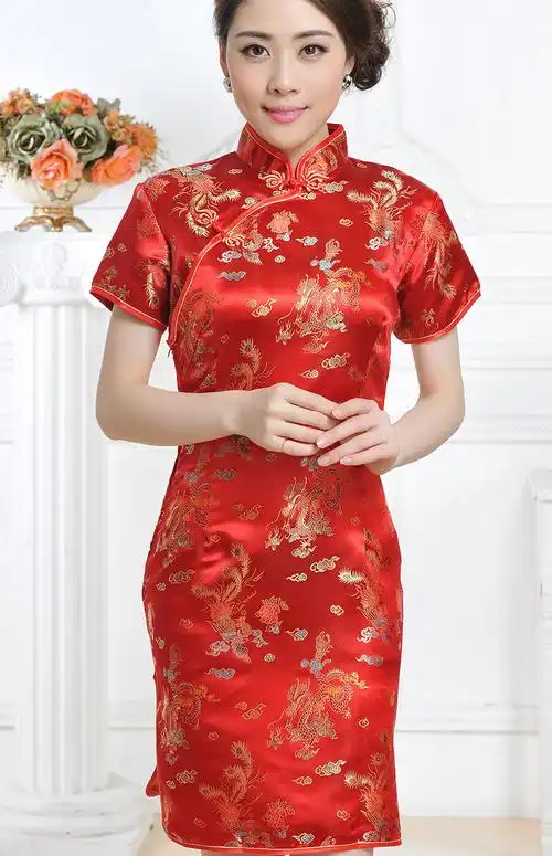 织锦缎龙凤短旗袍大码中国风外贸传统女式旗袍大红
