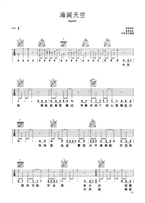 《海阔天空》 beyond 完整版吉他谱c调六线吉他谱-虫虫吉他谱免费下载