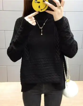 韩版新款纯色麻花加厚高领毛衣女中学生宽松套头打底针织衫潮 黑色 xl