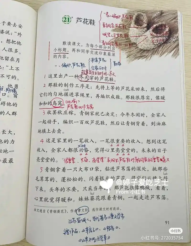 人教版四年级下册语文书第21课,是曹文轩大作家写的《芦花鞋》 - 抖音