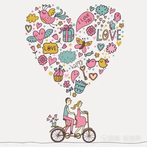 浪漫的概念在爱情上双人自行车的夫妇可爱卡通矢量插画