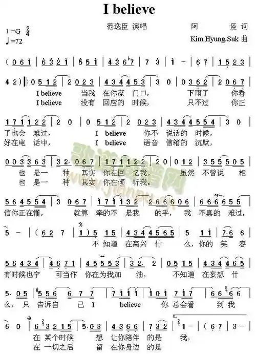 ibelieve--我的野蛮女友主题曲 歌谱简谱网