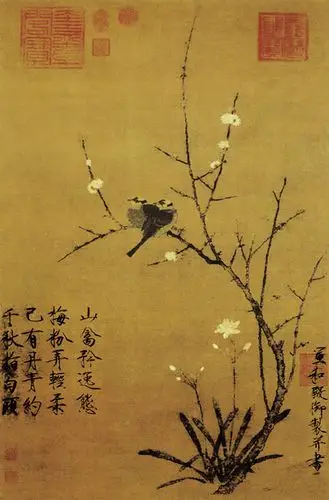 宋朝皇帝的花鸟画(2):宋 赵佶《腊梅山禽图》