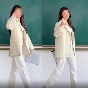 孙毛毛抖音同款米色一粒扣宽松西服外套时尚高腰牛仔裤女夏季新款