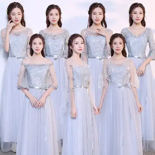 新款伴娘礼服灰色长姐妹团裙聚会大码毕业主持礼服显瘦晚礼服