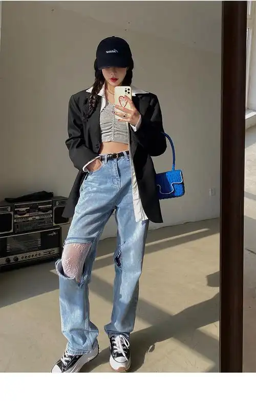 微胖女生穿搭直筒破洞乞丐牛仔裤2021高腰显瘦牛仔裤