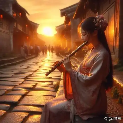 在晨曦微露的竹林间,一位美女身着淡雅的古装,轻柔抚弄着竹笛.