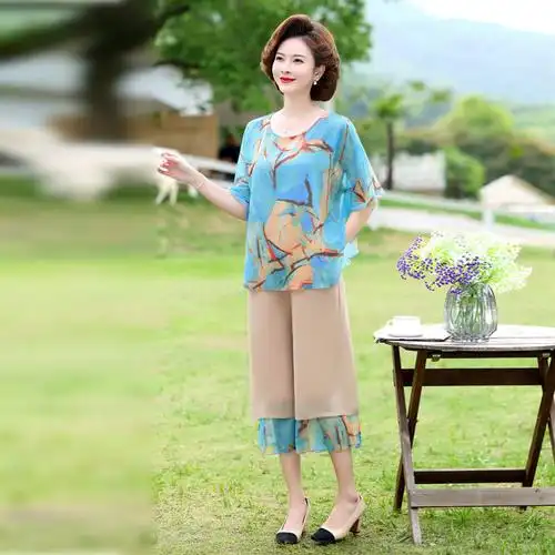 爱博尔妈妈装夏季新款时尚印花套装中老年女简约休闲宽松大码套装