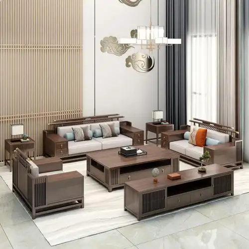 新中式乌金木全实木官帽沙发皮质禅意现代简约高档轻奢别墅客厅家具爱