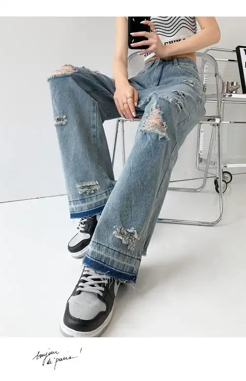 实拍现货破洞牛仔裤女春秋新款百搭宽松高腰显瘦阔腿裤子女 - 17网