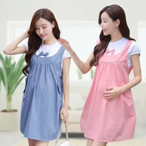 孕妇装2020夏装连衣裙假两件韩版宽松短袖中长款圆领孕妇裙子
