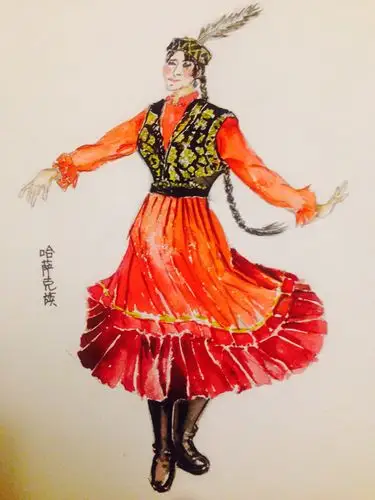 手绘--舞动中哈萨克族姑娘