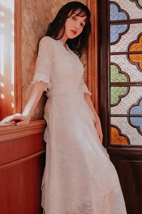 子歆家2019夏季新款法式少女复古刺绣荷叶边流苏蕾丝连衣裙法国小众