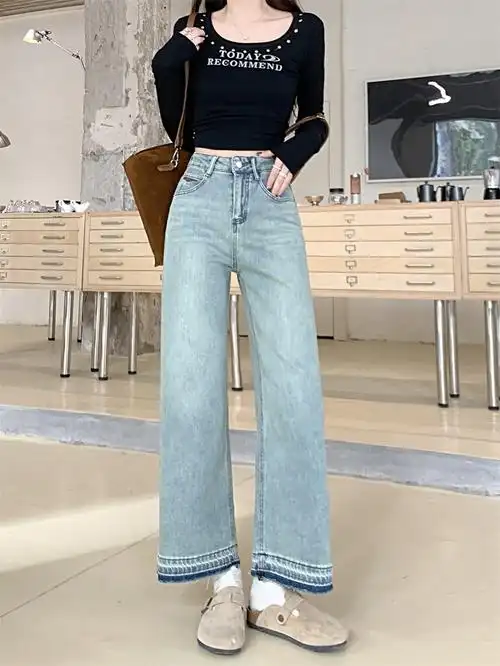 实拍浅蓝色高腰牛仔裤女夏季小个子宽松垂感直筒裤复古九分阔腿